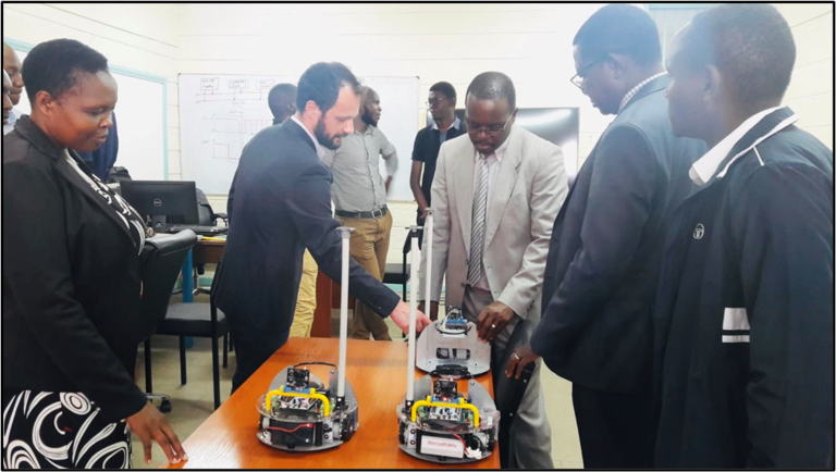 Picture taken during the robotics workshop conducted in October 2019 at the Technical University of Kenya by a team of two professors from University of Paris-Saclay (IUT Cachan). Picture taken during the robotics workshop conducted in October 2019 at the Technical University of Kenya by a team of two professors from University of Paris-Saclay (IUT Cachan).